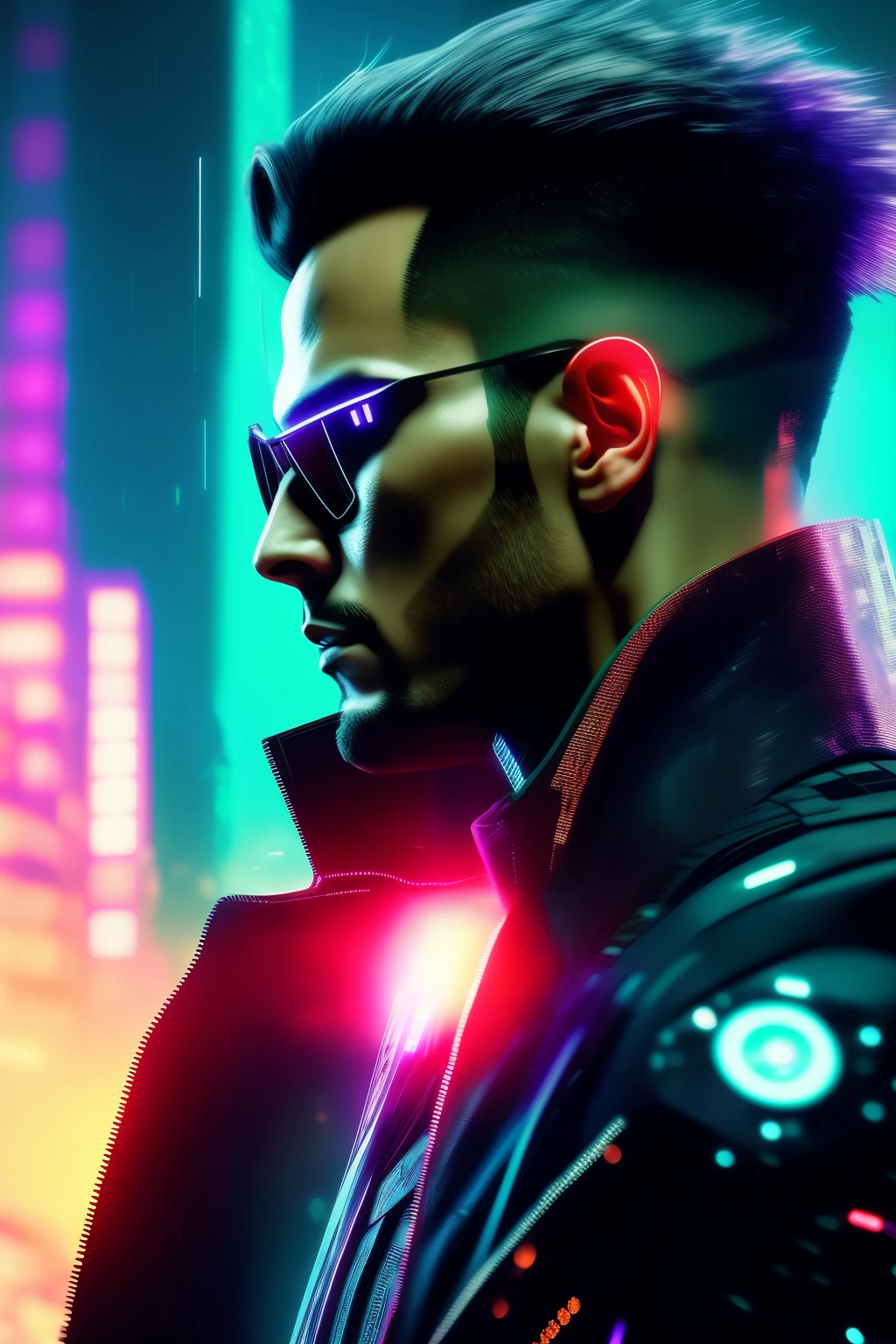 A profile banner set within the dystopian landscapes of the Matrix, featuring a sleek and agile Neo, clad in his iconic outfit, poised mid-jump in an action-packed pose. The background is a blur of flashing neon lights, towering skyscrapers, and holographic advertisements in a grid-like metropolis. Overlays of binary code and pixelated distortions add to the cyberpunk aesthetic, while a subtle lens flare effects casts a striking light across Neo's visage. The image is rendered in ultra-detailed, 8k quality, breathing new life into the classic film still. This digital artwork