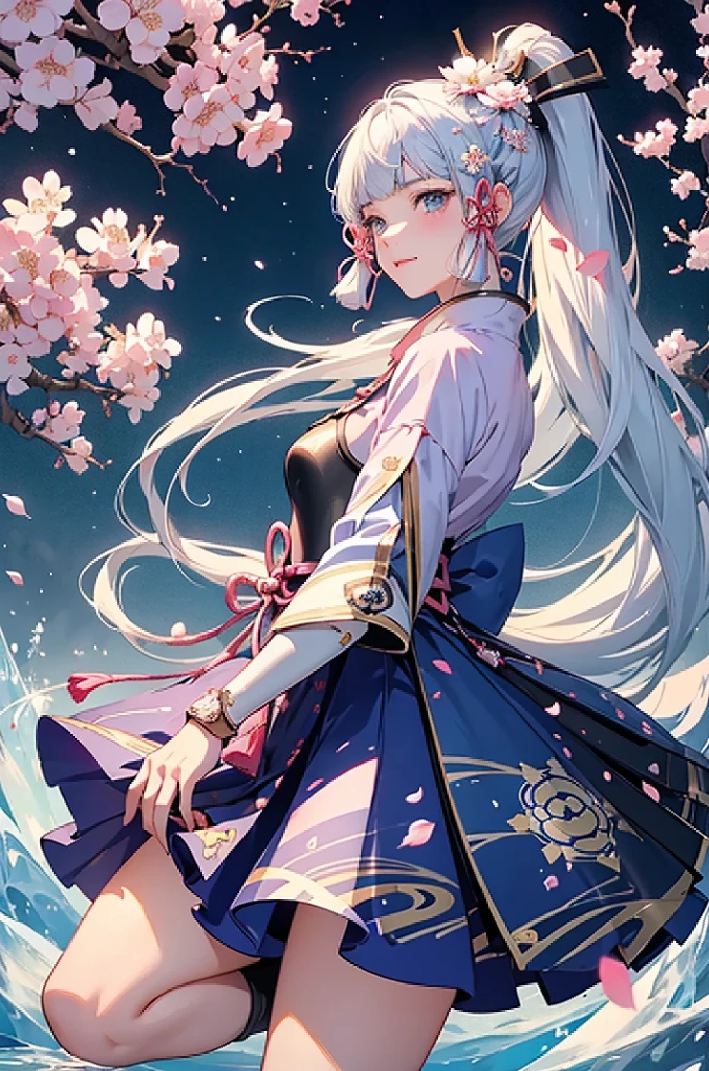 ((kamisatoayakadef)),1 Anime Girl, Warrior, Realistic people,Realistic, beautiful, smile, elegant, Majestic, Splash Art, Particles of light, Diamond Blade, Dynamic pose, ((fan、Have a fan))((Expand your fan base)),milky way, (Fractal Art:1.1),(Ice Flower:1.4), Most detailed,(Abstract background:1.1), (Shiny skin), (Many colors:1.4), Ultra-high resolution,, masterpiece, Accurate, Anatomically correct, texture.(background:Cherry tree、Cherry Blossom、petal、wind、旋wind)