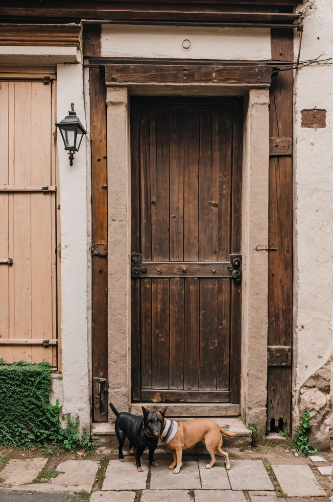Photography of an old door of an old city with dog infront of the house
