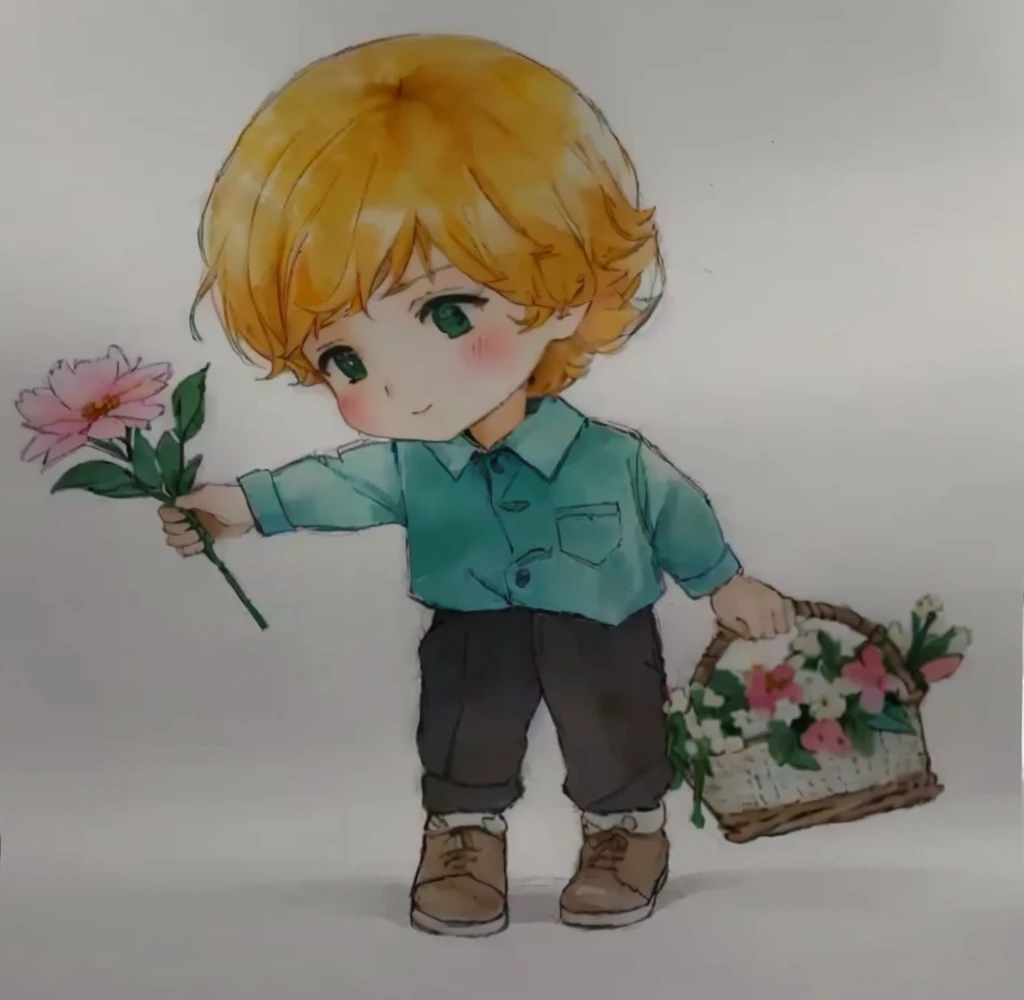 drawing of a boy holding a basket of flowers and a flower, the flower prince, official fanart, Holding flowers, Holding flowers mágicas, watercolor nendoroid, with flowers, carrying flowers, high quality fanart, full-length portrait of a short!, 🍁 cute, holding a flower, chibi art, spring day, picking up a flower, cute boy