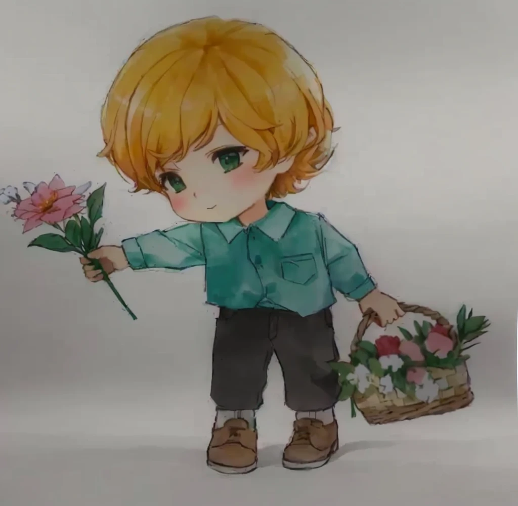 drawing of a boy holding a basket of flowers and a flower, the flower prince, official fanart, Holding flowers, Holding flowers mágicas, watercolor nendoroid, with flowers, carrying flowers, high quality fanart, full-length portrait of a short!, 🍁 cute, holding a flower, chibi art, spring day, picking up a flower, cute boy