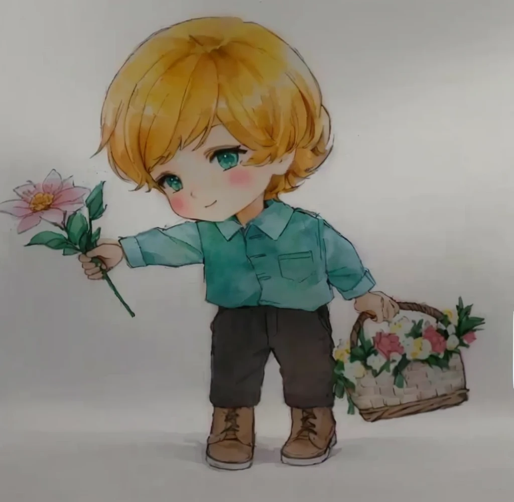 drawing of a boy holding a basket of flowers and a flower, the flower prince, official fanart, Holding flowers, Holding flowers mágicas, watercolor nendoroid, with flowers, carrying flowers, high quality fanart, full-length portrait of a short!, 🍁 cute, holding a flower, chibi art, spring day, picking up a flower, cute boy