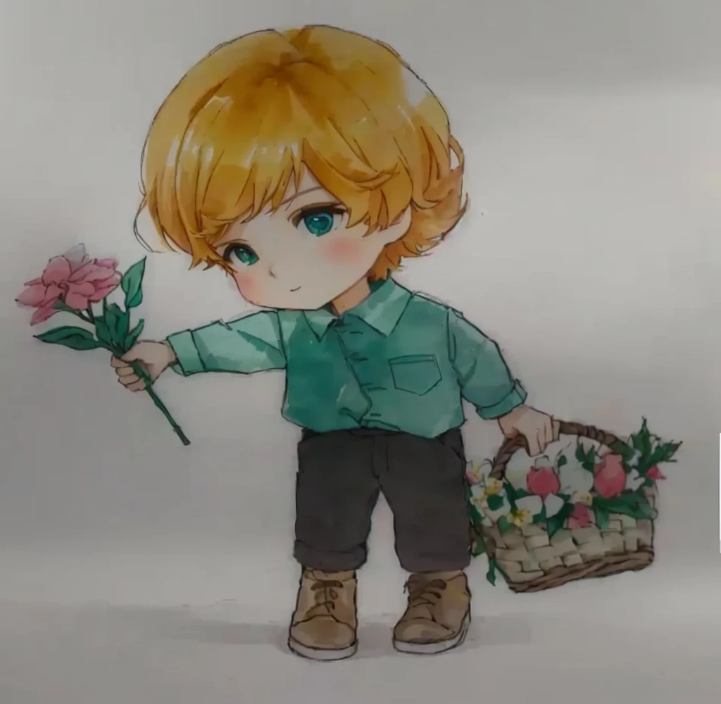drawing of a boy holding a basket of flowers and a flower, the flower prince, official fanart, Holding flowers, Holding flowers mágicas, watercolor nendoroid, with flowers, carrying flowers, high quality fanart, full-length portrait of a short!, 🍁 cute, holding a flower, chibi art, spring day, picking up a flower, cute boy
