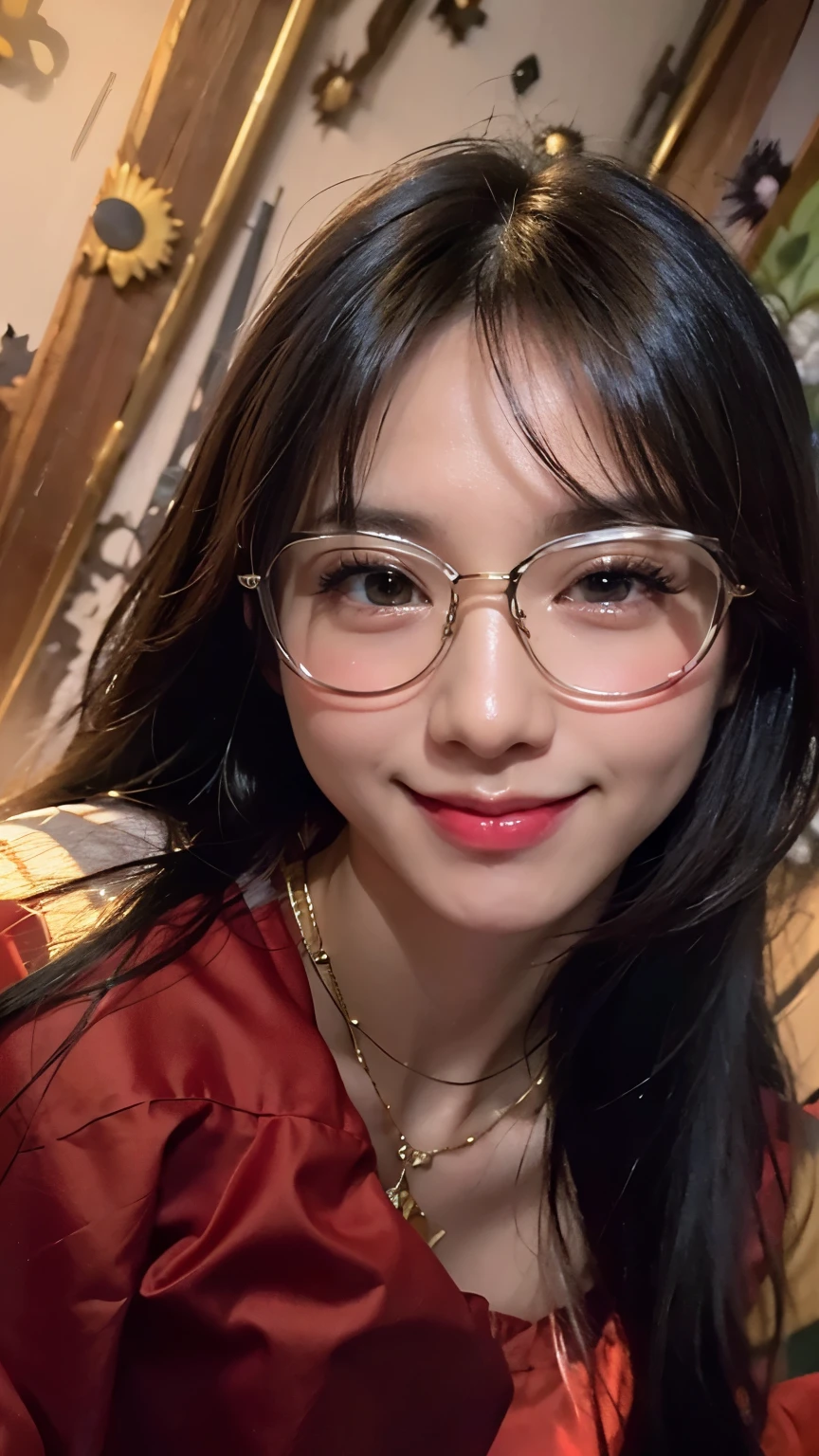 top quality, masterpiece, hi-res, 1 woman, 35 years old, Japanese, western style fortune teller outfit, hair ornament, necklace, jewelry, beautiful face, calm smile, upon_body, Tyndall effect, photorealistic, divination room, candles on table, tarot cards, rim lighting, two tone Lighting, (High Definition Skin:1.2), 8k uhd, DSLR, soft lighting, high quality, volumetric lighting, candid, photography, high resolution, 4k, 8k, bokeh