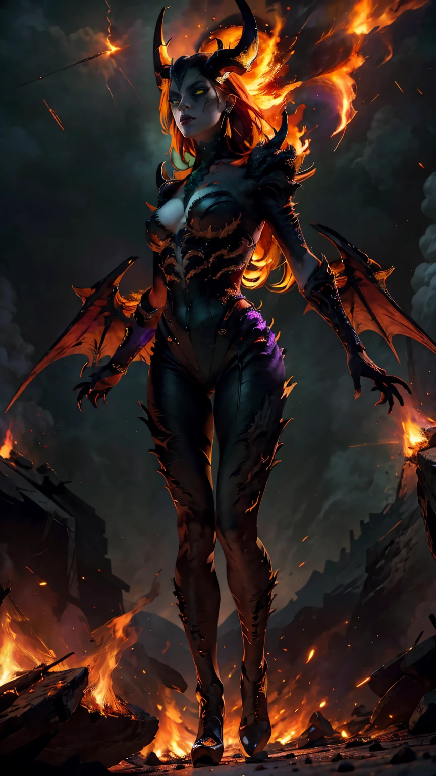 High view, high angle of camera, A beautiful and sexy queen of hell, crouching, legs spread wide open, anime style. walking through a dark, rotten and burnt Hades, showcasing the fiery green hair and thin black horns with incandescent cracks, black tears, golden ornament. Every space and build in the landscape is meticulously rendered, from the most desolate and terrifying hell, creating a visually stunning and immersive world. The overall effect is a terrifying mix of fantasy, glitter and nostalgia, hellpunk and horror anime. 2.5D style anime, close-up, fine quality yellow eyes, fiery yellow eyes without sclera, ultra detailed, Beautiful and aesthetically pleasing, masterpiece, Best quality score, Extremely detailed , dynamic angle, raytraced, middle body, close up, high view, particles and hard lights, angulo picado. green, red, purple and black