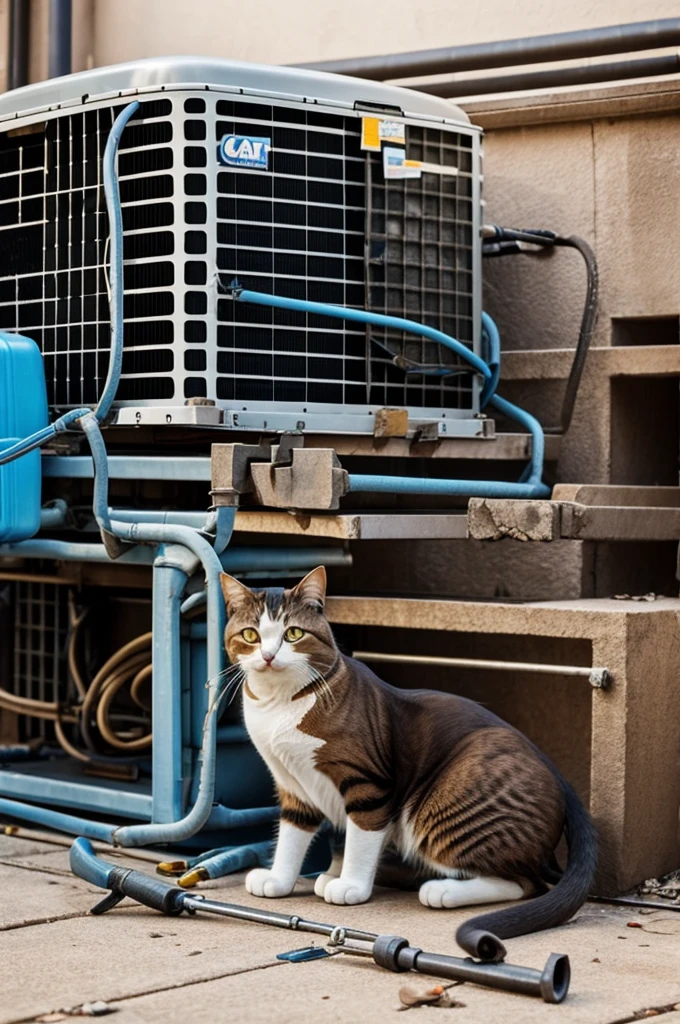 Cat with many glutes, using wrenches to repair air conditioners