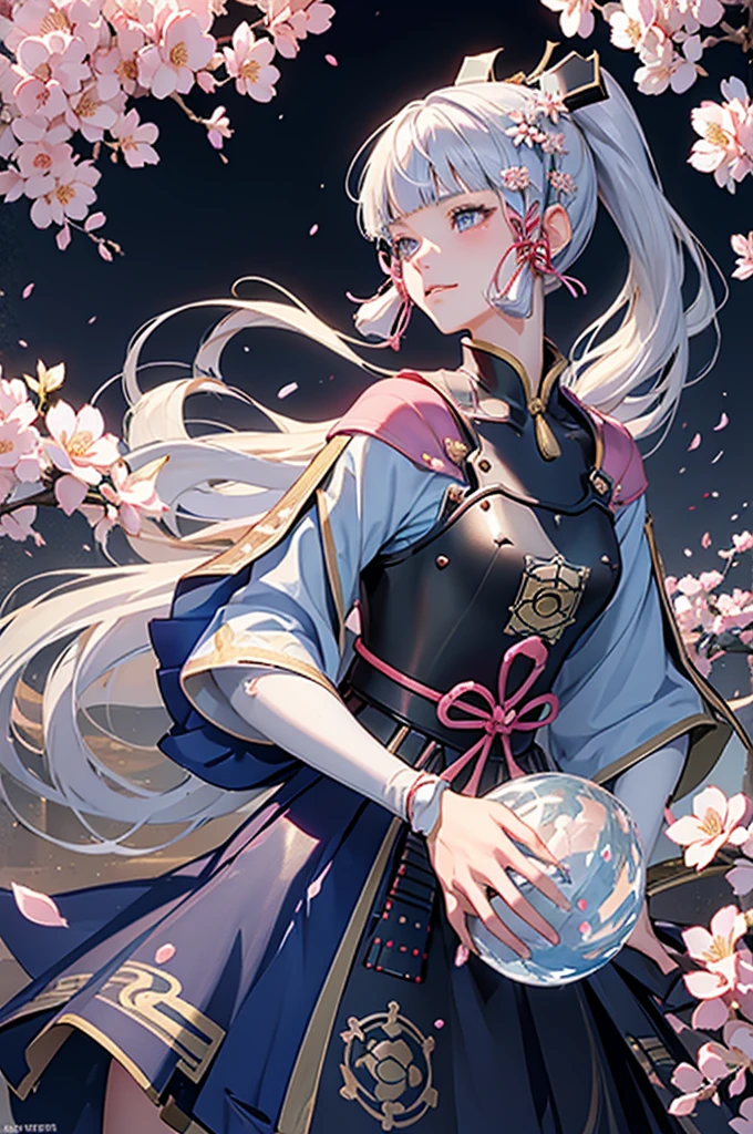 ((kamisatoayakadef)),1 Anime Girl, Warrior, Realistic people,Realistic, beautiful, smile, elegant, Majestic, Splash Art, Particles of light, Diamond Blade, Dynamic pose, ((fan、fanを持っている))((fanを広げる)),milky way, (Fractal Art:1.1),(Ice Flower:1.4), Most detailed,(抽象的なbackground:1.1), (Shiny skin), (Many colors:1.4), Ultra-high resolution,, masterpiece, Accurate, Anatomically correct, texture.(background:Cherry tree、Cherry Blossom、petal、Wind、旋Wind)
