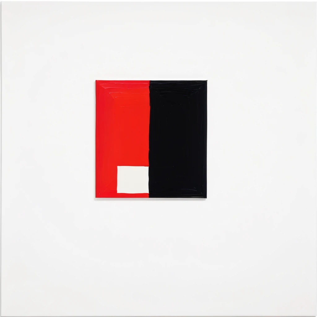 abstract painting with only one red small square, side by side an only one large black square, on white flat background