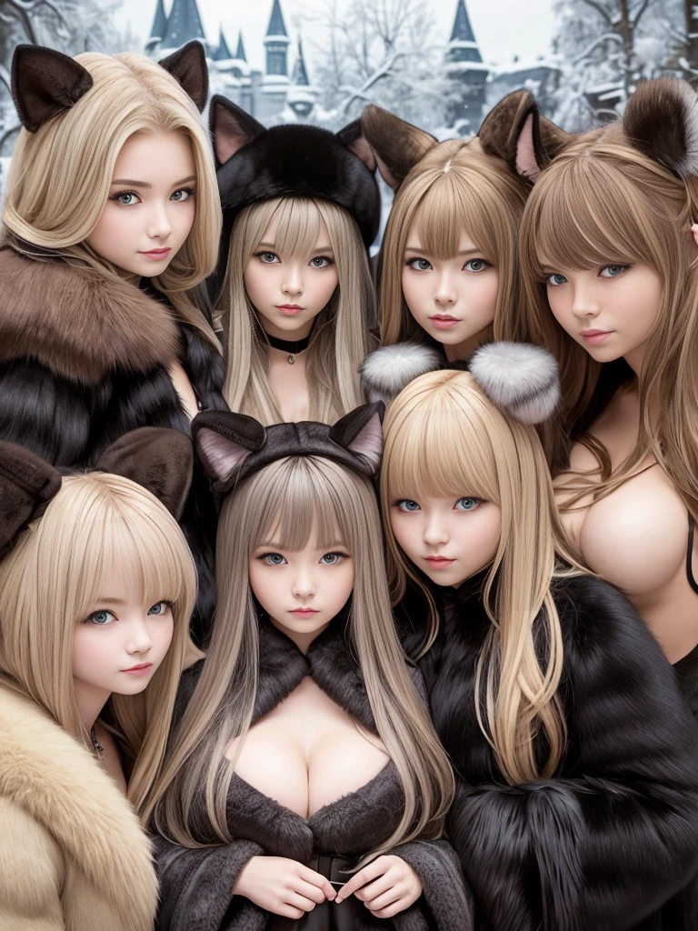 fluffyの毛皮。fluffy、Surrounded by fair-skinned, young-looking Russian girls。A frontal shot looking directly at the viewer。Beautiful women in luxurious furs。The dark dungeon of an old stone castle。Fisheye Lens、Fur coat。Multiple women。