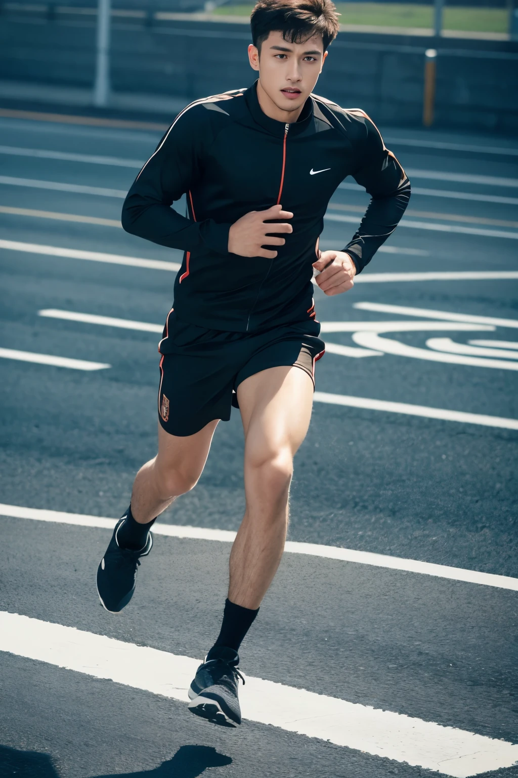 A man,Wearing sportswear,Running on asphalt road,Full body portrait,side,Super Fine,4k HD