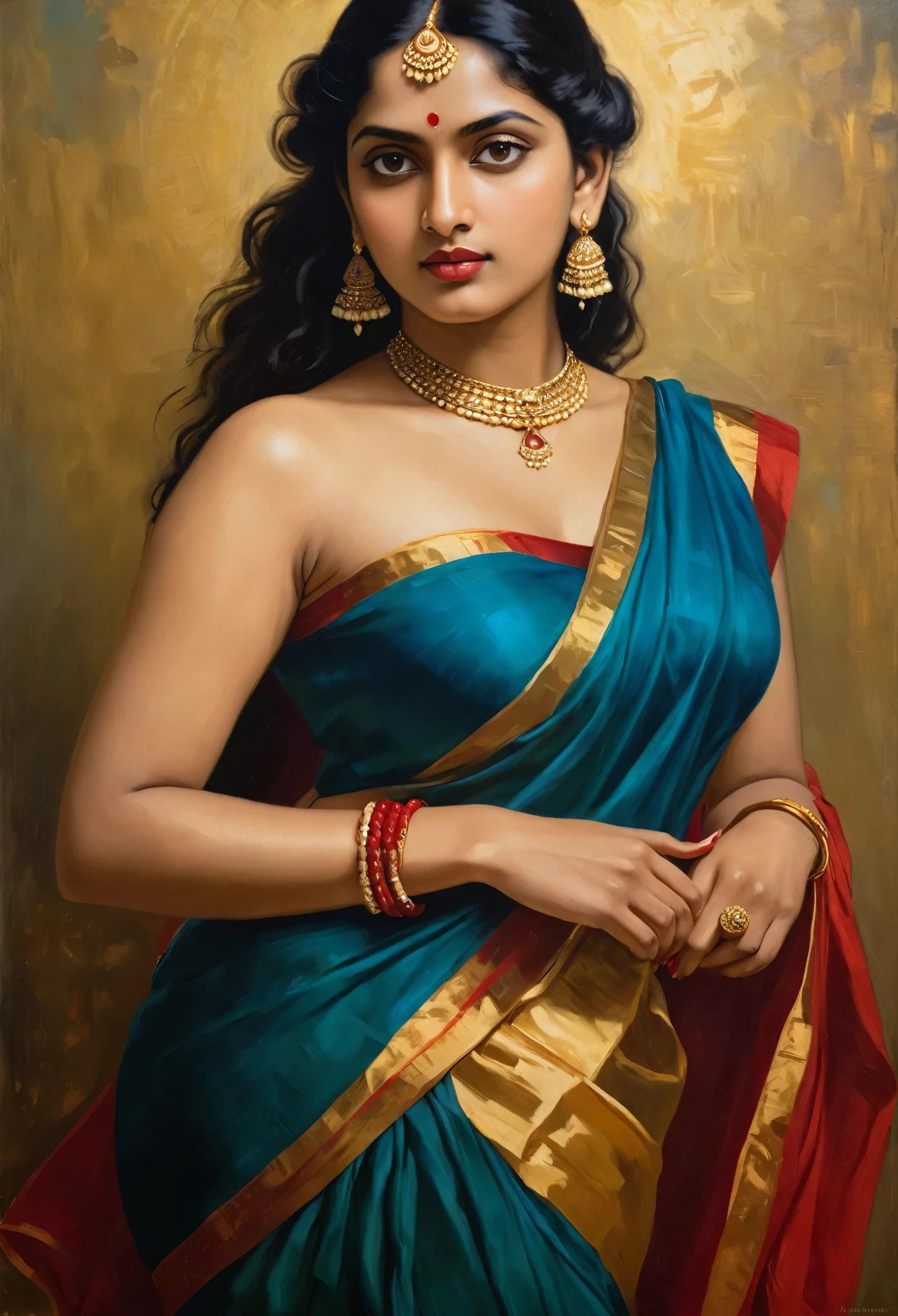 Masterpiece, painting of a woman in a blue dress with a red top and gold jewelry, inspired by Raja Ravi Varma, portrait of a beautiful goddess, by Raja Ravi Varma, a stunning portrait of a goddess, szukalski ravi varma, traditional beauty, indian goddess, beautiful goddess, portrait of modern darna, portrait of a goddess, goddess portrait, perfect body, proportional body, perfect body posture, masterpiece, Indian sensibility, exotic Indian art, 