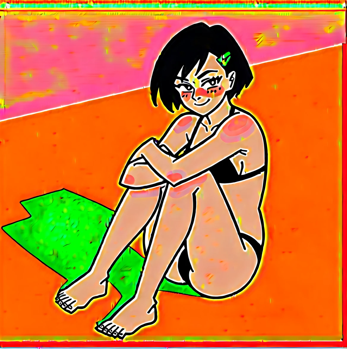 Marcy Wu, black hair, short hair, green hairclip, 1girl, outside, looking at viewer, good anatomy, full body,blush,smile,bikini,sitting pose,beach background