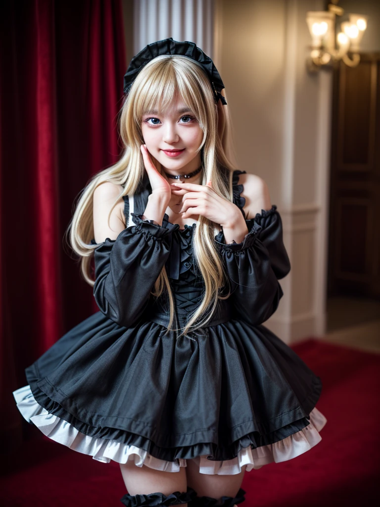 1 Nogizaka Musume、very cute、beautiful girl、19 years old、(gothic loli fashion)、blonde、looking at the viewer、beautiful face, Exquisite details of eyes and skin、fine black shiny hair、Classy ruffles、frilled tie、ribbon tie、rose hair accessories、(smile at the camera)、(close up shot)、(sea of europe)、professional lighting、break、(realistic、Photoreal:1.37)、8K、(masterpiece)、(highest quality:1.4)、(Super high resolution:1.2)、 (Raw photo:1.2)、(delicate lace、soft fabric、beautiful rose pattern dress)、perfect anatomy、4 fingers and 1 thumb、seaside background、(Wallpaper by Unity 8K)