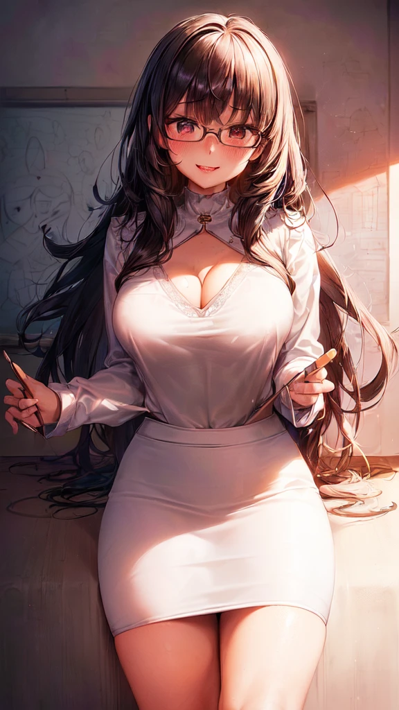 (Ultra-high resolution of the highest quality, masutepiece, Best Quality, 8K, Super Detail, Best Quality:1.3), (Anatomically correct:1.2), (1 elementary school female teacher:1.6), (large breasts:1.1), (drooping eyes:1.3), (blush cheek, blush body:1.3), (wavy hair, braid hair:1.2), (long hair:1.2), (black hair:1.2), (glasses:1.3), (white blouse, pencil skirt:1.7), (class room:1.1), front view, Extremely cute, (extremely detailed beautiful face), Authentic skin texture, beautiful hair, beautiful face, beautiful eyes, beautiful body, beautiful hands, (clothed:1.6), (aroused, naughty face, seductive smile:1.6), (hair over eyes:1.5), (looking down:1.3), (open mouth:1.2), (face focus:1.6), cleavage breasts focus, (from below:1.3), (standing:1.2), (slouching forward:1.3), (Put hands on knees:1.3)