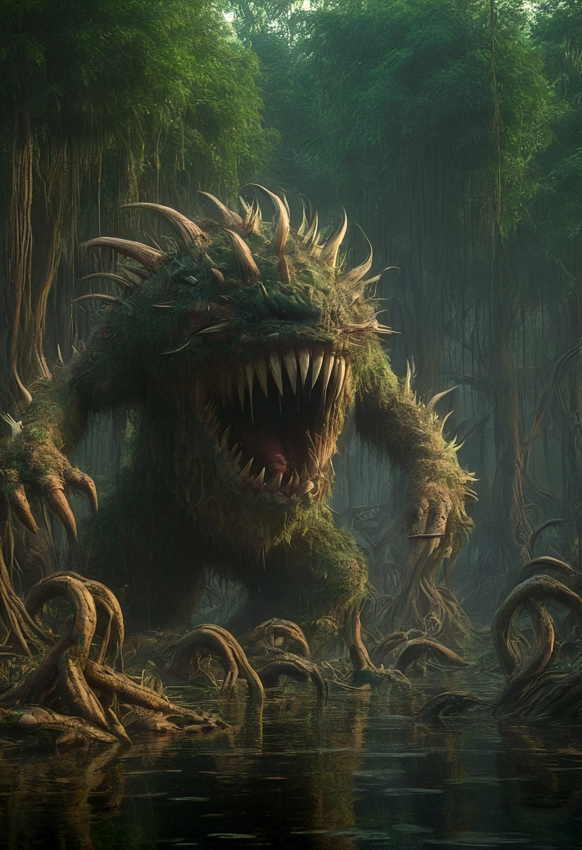 a terrible sea monster, an inhabitant of the ocean depths. He has trained eyes, and in his huge mouth there are many teeth, like a piranha. The body is covered with needles. He screams terribly. There are fish swimming around, and the sunken old ship is covered with moss. Cinematic effect, soft light, soft shadows. Ultra high quality