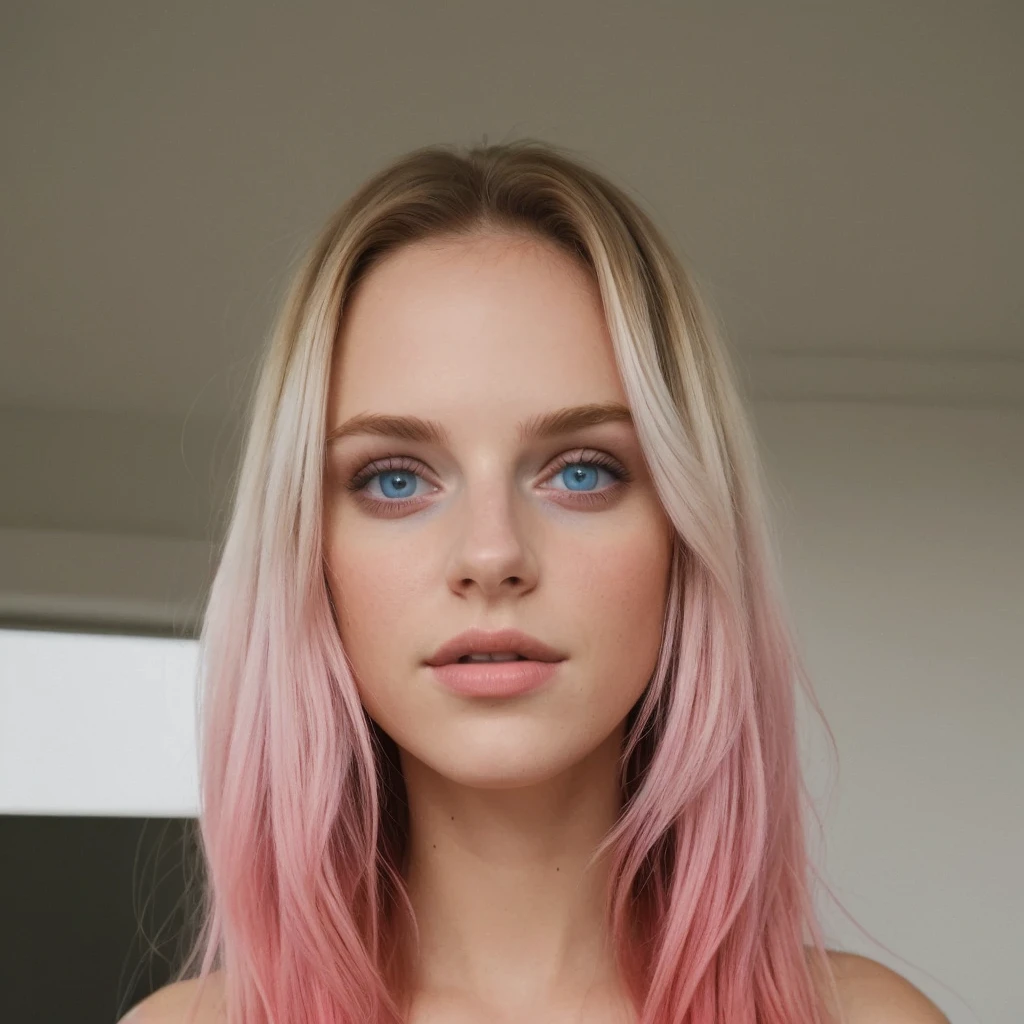 taken with iphone camera BREAK medium shot selfie of a pretty young woman BREAK (ombre:1.3) blonde pink BREAK film grain, medium quality