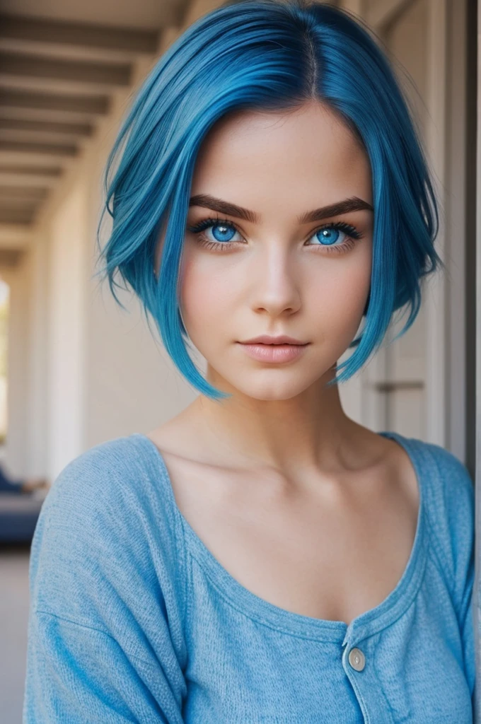 Beautiful girl with blue hair, blue eyes, short hair and with a barrette