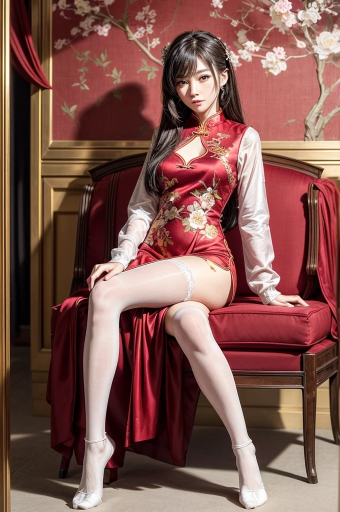 (masterpiece, best quality), 1 beautiful girl,. Create a highly detailed and elegant Cheongsam (Qipao) design. The dress should feature intricate floral embroidery, traditional Chinese patterns, and a high collar. The fabric should be silky and glossy, with a rich, deep red color that symbolizes good fortune. Add gold accents and trim to enhance the luxurious feel. The Cheongsam should be form-fitting, highlighting the wearer's figure gracefully, with side slits for ease of movement. Include delicate buttons along the side and an overall sophisticated, timeless look. Temple background, full body, white thigh socks