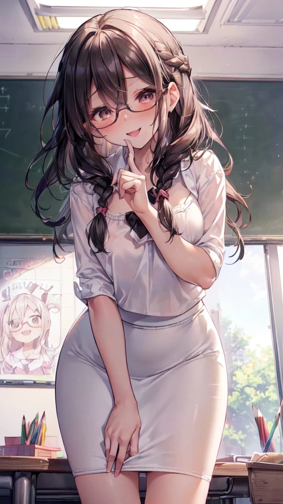 (Ultra-high resolution of the highest quality, masutepiece, Best Quality, 8K, Super Detail, Best Quality:1.3), (Anatomically correct:1.2), (1 female teacher:1.6), (large breasts:1.1), (drooping eyes:1.3), (blush cheek, blush body:1.3), (wavy hair, braid hair:1.2), (long hair:1.2), (black hair:1.2), (glasses:1.3), (white blouse, pencil skirt:1.7), (class room:1.1), front view, Extremely cute, (extremely detailed beautiful face), Authentic skin texture, beautiful hair, beautiful face, beautiful eyes, beautiful body, beautiful hands, (clothed:1.6), (aroused, naughty face, seductive smile:1.6), (hair over eyes:1.5), (looking down:1.3), (open mouth:1.2), (face focus:1.6), cleavage breasts focus, (from below:1.3), (standing:1.2), (slouching forward:1.3), (Put hands on knees:1.3)