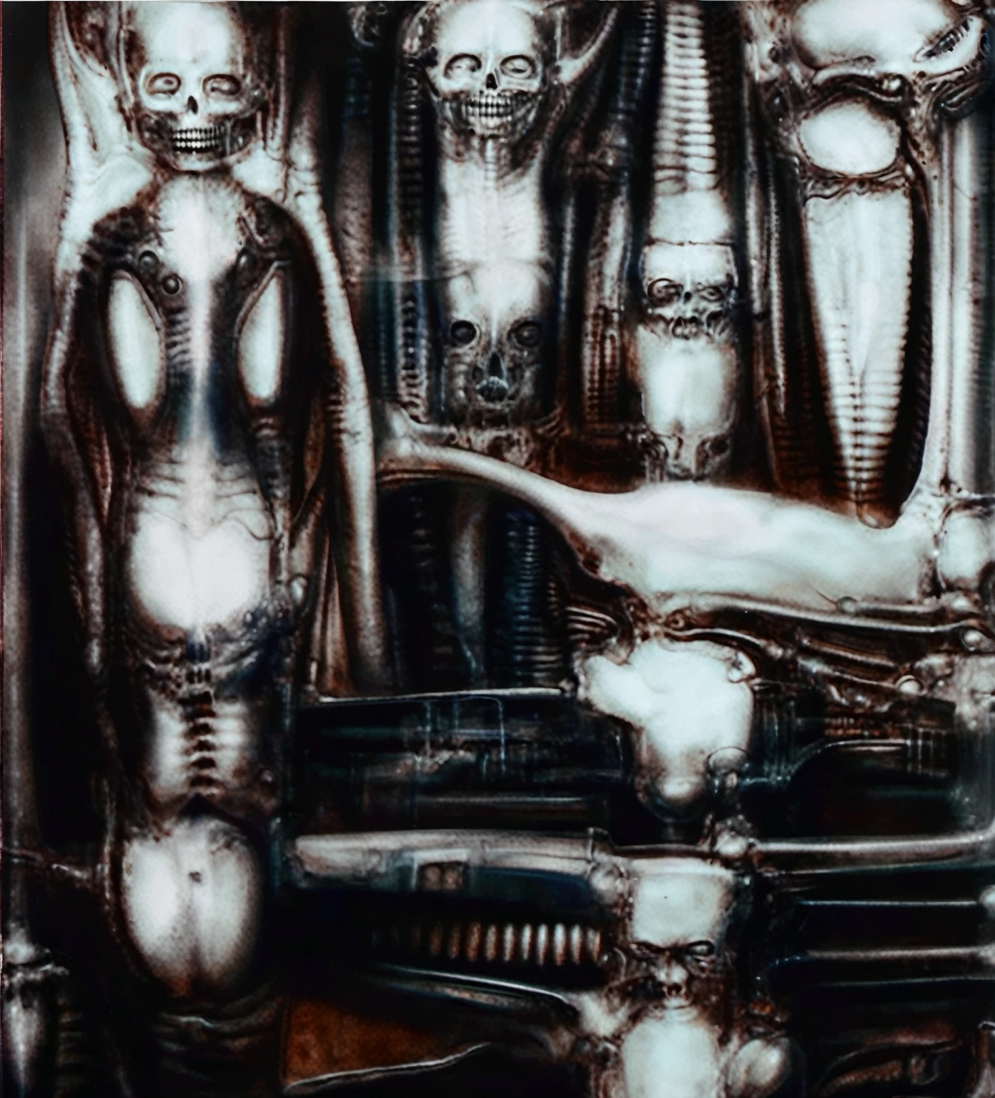 g1g3r, Giger_style, The image is a detailed view of H.R. Giger's \" Li II \" plate, featuring a complex network of bones and organs in a purple-brown hue ,swirling gray and brown colorsgroup of three alien figures positioned in the foreground. Emaciated and skeletal, with hollow eyes, they appear to be constructed from bone and metallic elements, a characteristic fusion of organic and mechanical forms found in Giger's biomechanical art.
The image features a robotic humanoid figure with intricate mechanical details, standing in a room with a glowing screen displaying the word \"EVE\" and a hand reaching out to touch its face. The background is a dark and limited space painted in a uniform blue-green color. This lack of detail keeps the focus on the figures and creates a sense of mystery about their environment. Receding into the distance are a series of arches and tunnels that hint at a larger biomechanical landscape, possibly the work of the creatures themselves The artwork is silver and purplish brown, with an ivory bones prominently displayed. The image is highly detailed and intricate, almost like a 3d version of a medical diagram (detailed view of an anatomy model, possibly of a human body, with transparent organs and bones exposed). The piece has a thick mechano-organic texture and is covered in fine details. The image has a swirling, organic quality to it. The artistic manner would be unmistakably Gigeresque. A dark and unsettling beauty would permeate the piece, blurring the lines between fascination and repulsion , forever haunted by the grotesque allure. Giger's signature artistic manner would be evident in every stroke. The airbrush would be wielded with masterful precision to create a hyperrealistic yet nightmarish aesthetic.., ooze soaked pajama top