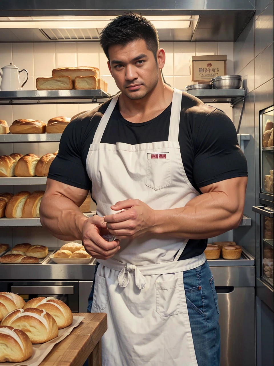 30 years old, big eyes, Chinese male, stubble, white inch, huge muscles, exaggerated muscles, mature man, muscle swelling, bodybuilding, pectoral muscles, abs, in a bakery, plenty of bread, short sleeves, apron, baker, jeans, natural light, wet, wheat-colored skin, 1man, standing