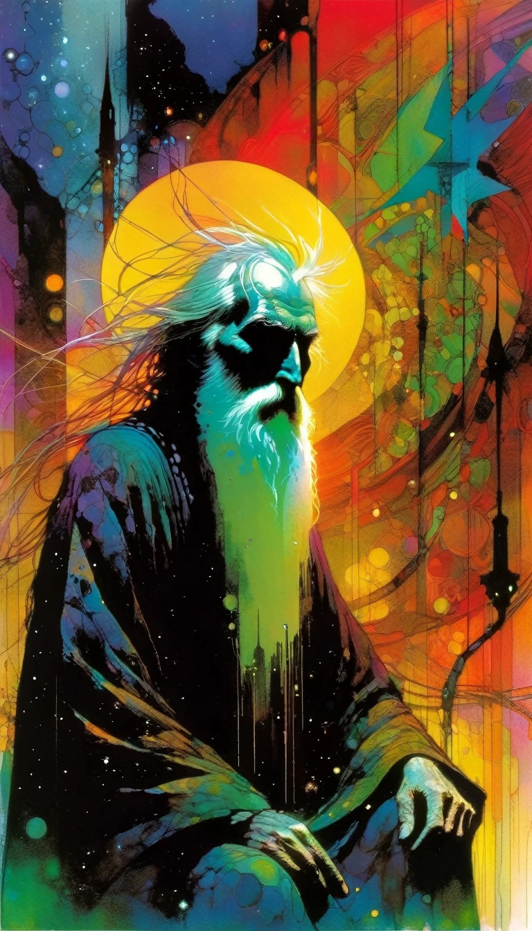 the hermit, artwork inspired by Bill Sienkiewicz, vivid colors, intricate details, oil.