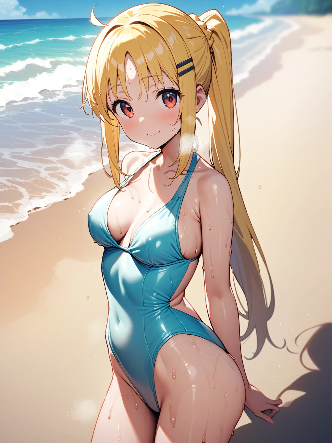 (nsfw,)(ijichi nijika,blond hair,hairclip),((solo girl)),((Perfect body,))((Super beautiful,))((High quality,))((Heavy breathing,sweat, Sweaty and wet all over,)),backlit,shiny glossy,breast, Looking at Viewer,((Beach side,swimsuit, sexy swimsuit, cowboy shot,)),Smile,nipple,(Show off your crotch by opening your crotch in a crouching posture,)squatting and straddling,After sunburn,((Turning your back to me, sticking out your butt,))((She turns around with her back to me, sticking out her butt,from back view,Directly behind,))