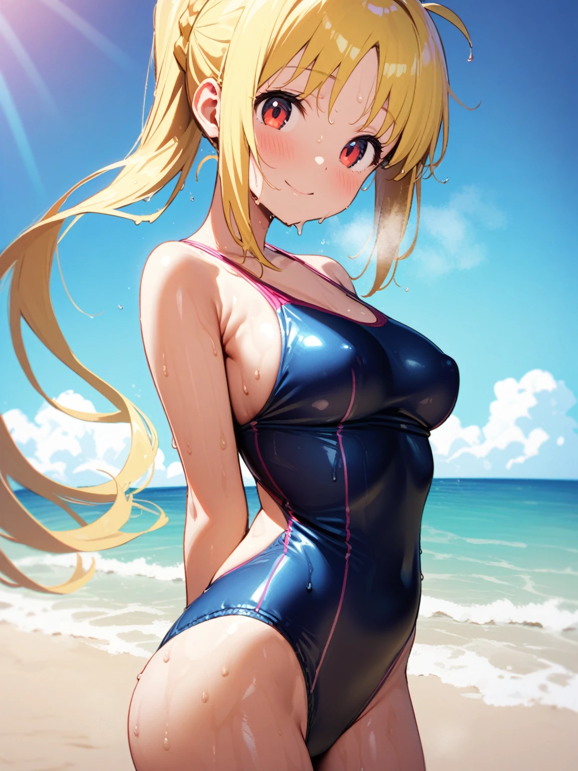 (nsfw,)(ijichi nijika,blond hair,hairclip),((solo girl)),((Perfect body,))((Super beautiful,))((High quality,))((Heavy breathing,sweat, Sweaty and wet all over,)),backlit,shiny glossy,breast, Looking at Viewer,((Beach side,swimsuit, sexy swimsuit, cowboy shot,)),Smile,nipple,(Show off your crotch by opening your crotch in a crouching posture,)squatting and straddling,After sunburn,((Turning your back to me, sticking out your butt,))((She turns around with her back to me, sticking out her butt,from back view,Directly behind,))