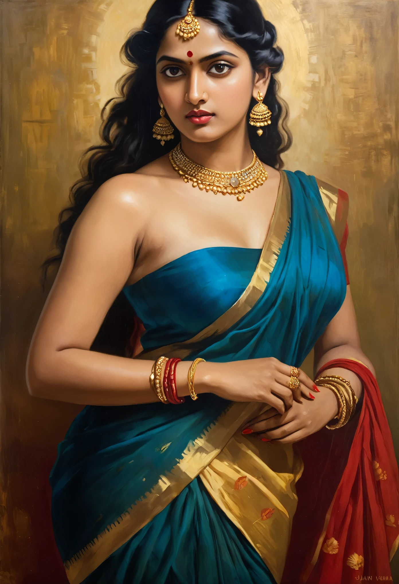 Masterpiece, painting of a woman in a blue dress with a red top and gold jewelry, inspired by Raja Ravi Varma, portrait of a beautiful goddess, by Raja Ravi Varma, a stunning portrait of a goddess, szukalski ravi varma, traditional beauty, indian goddess, beautiful goddess, portrait of modern darna, portrait of a goddess, goddess portrait, perfect body, proportional body, perfect body posture, masterpiece, Indian sensibility, exotic Indian art,