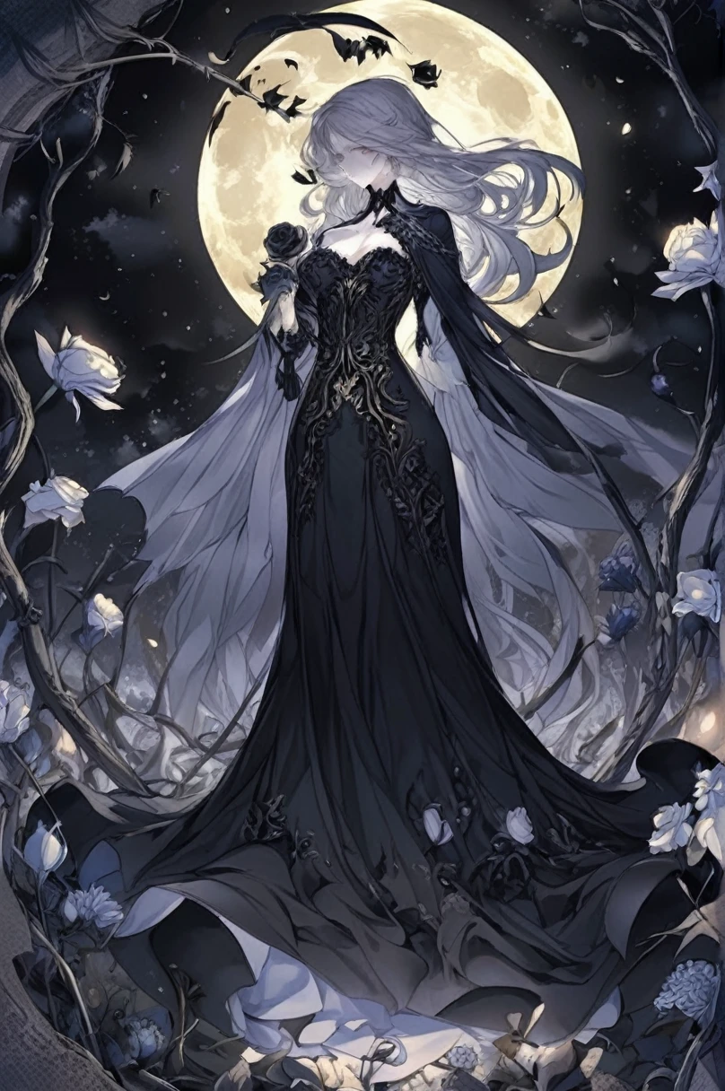 champ de fleurs noir à l’envers, éclipse lunaire, Sol fissuré, racines, ange de la mort, Style animé, ombres dures, imagerie symétrique