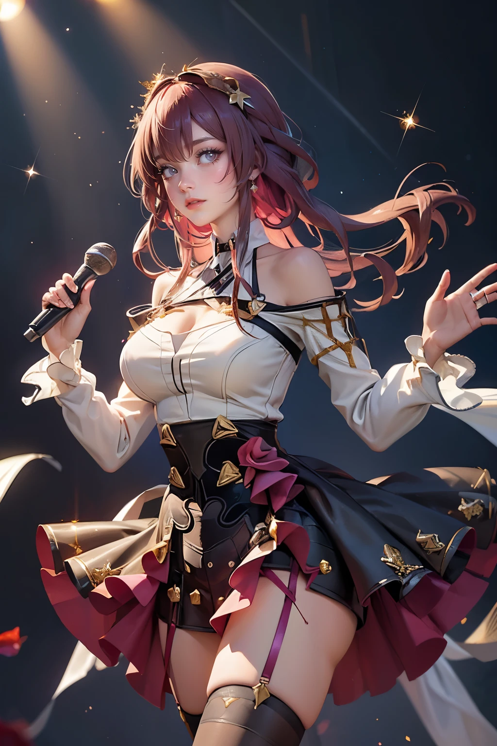 Kafka_(honkai: star rail), medium hair, flowing hair, floating hair, ornament hair, perfectly body, perfectly hands, dark pink rose on hair, 1 girl, Looking at the audience, flowing hair, Beautiful Eyes, Plump and glossy lips, Idol, dress with too many frills, black dress, gold laces, black Short skirt, Drape clothes, red gem, Lace trim, bright stage, luxury gold details, gold jewelry, more details, best quality, Big sparkling eyes, blushing, Striped Lace Stockings, black ta skirt, sparkle, solo, centered girl, cowboy shot, perfectly body, perfectly hands, two arms, two legs, two hands, five fingers, perfect anatomy, glowing hair, red roses, 1girl, dress, solo, flowing hair, floating hair, ornament hair, perfectly body, perfectly hands, on the stage, sparkles, more details on her clothes, dress with transparency, golden details on her dress, night, holding a microphone, ((4k, masterpiece, top-quality)), 8k, best quality, high resolution, UHD, (illustration:0.8), super cute girl, delicate and beautiful face, mature girl, super cute hairstyle, (beautiful detailed eyes:1.6), extremely detailed face, perfect lighting, extremely detailed CG, (perfect hands, perfect anatomy), Best quality, cleavage, small skirt, full Body, two arms, two legs, two hands, five fingers