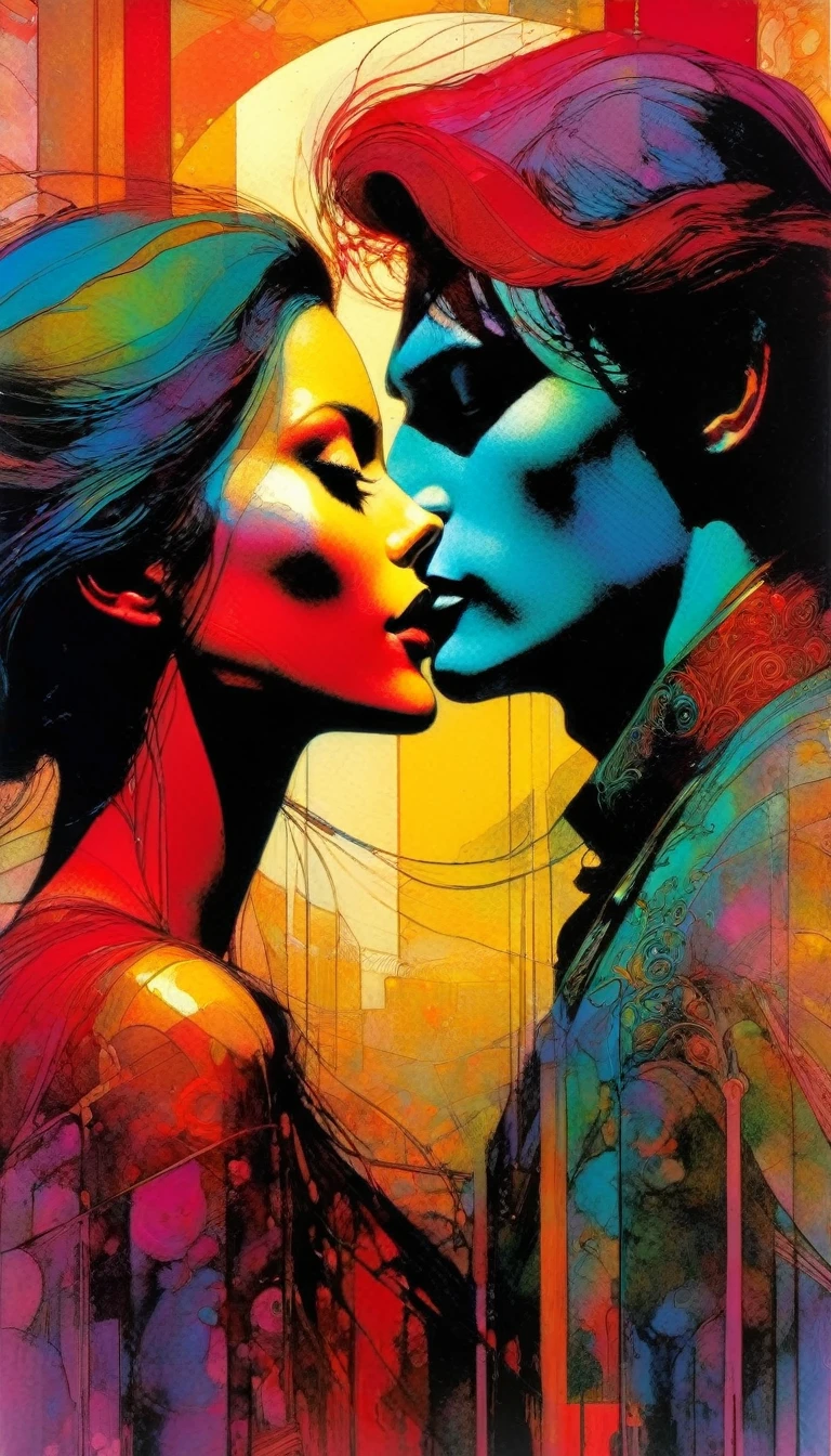 the lovers, artwork inspired by Bill Sienkiewicz, vivid colors, intricate details, oil.
