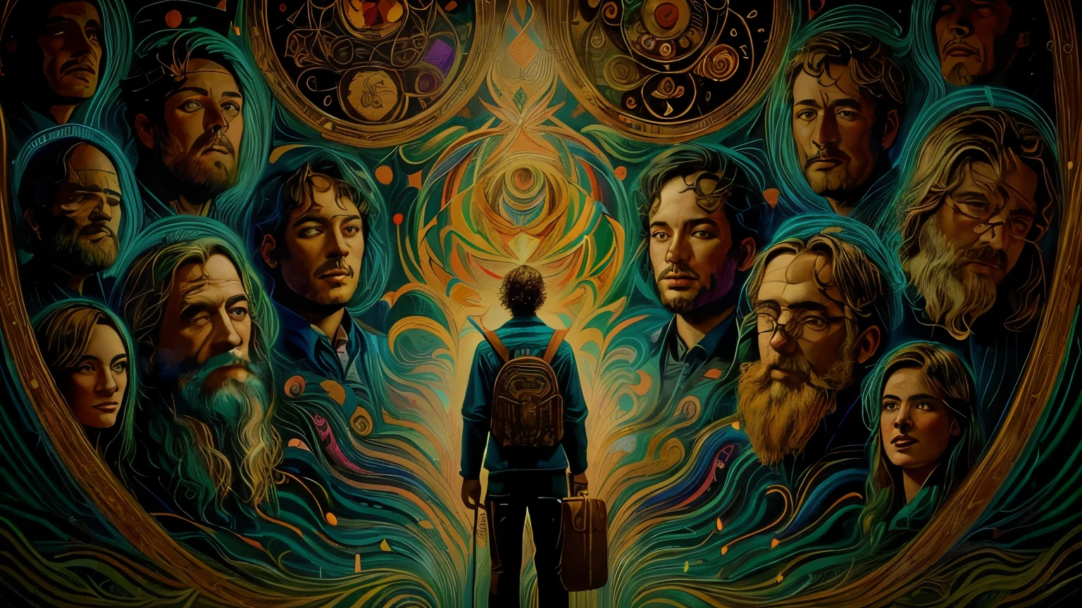 painting of a man standing in front of a group of people, estilo and mumford e alex gray, inspired by Dan Mumford, in the style dan mumford artwork, Anton Fadeev e Dan Mumford, painting by dan mumford, in the artistic style of Dan Mumford, El Bosco e Dan Mumford, dmt background, lighting tripping on dmt, dmt entity ; lsd art
