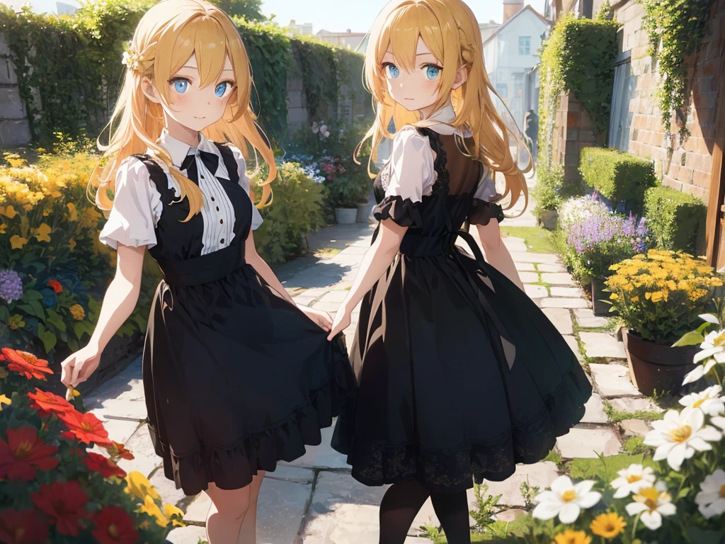 (1 woman,golden hair,blue eyes,Dress,beautiful),(1Men,golden hair,blue eyes,Black tone set)(background : flower,garden,แสงbeautiful,fine,Anime,detailed)