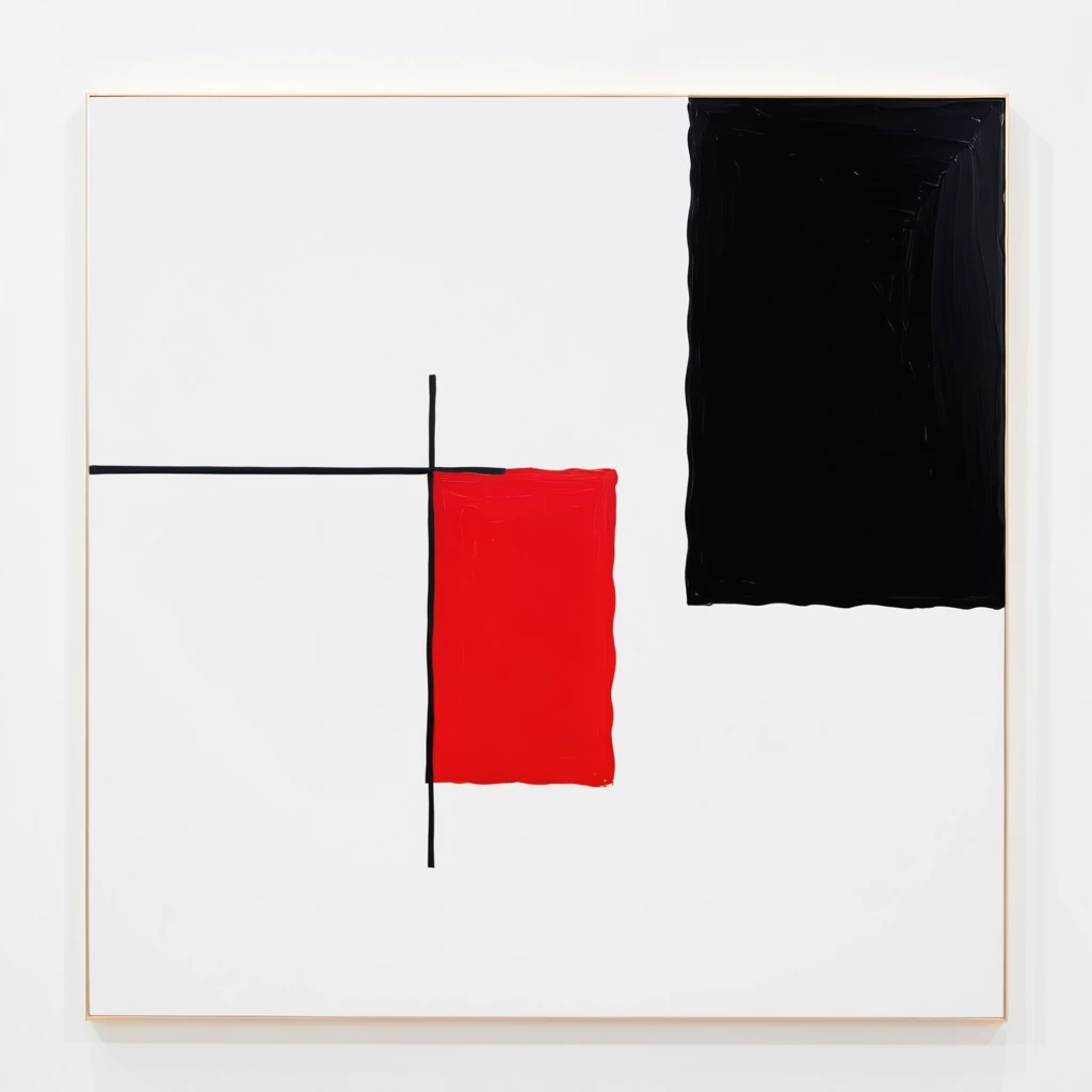 abstract painting with only one red small square slightly tilted, side by side an only one large black square slightly tilted, on white flat background