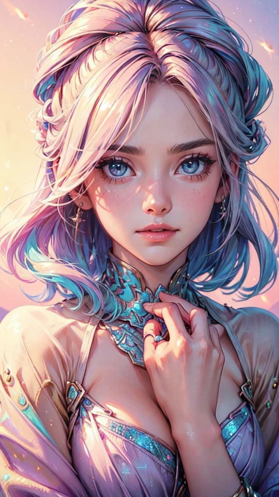 ((Quality: masterpiece, best quality, UHD, anatomically correct, photo realism, textured and detailed skin, skin pores, skin imperfections, textured and detailed hair, volumetric lighting, hyper realistic and detailed background, 30 years old, solo)), whimsical and creative artist woman with a palette of vibrant colors and galaxy theme, stars, planets, sun, moon, sparkles, (((bright, pastel colours))), unconventional clothing,detailed hands, detailed eyes, detailed face,colors,cat eyars