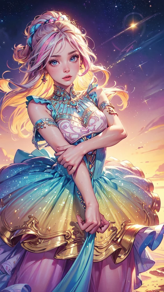 ((Quality: masterpiece, best quality, UHD, anatomically correct, photo realism, textured and detailed skin, skin pores, skin imperfections, textured and detailed hair, volumetric lighting, hyper realistic and detailed background, 30 years old, solo)), whimsical and creative artist woman with a palette of vibrant colors and galaxy theme, stars, planets, sun, moon, sparkles, (((bright, pastel colours))), unconventional clothing,detailed hands, detailed eyes, detailed face,colors,cat eyars

