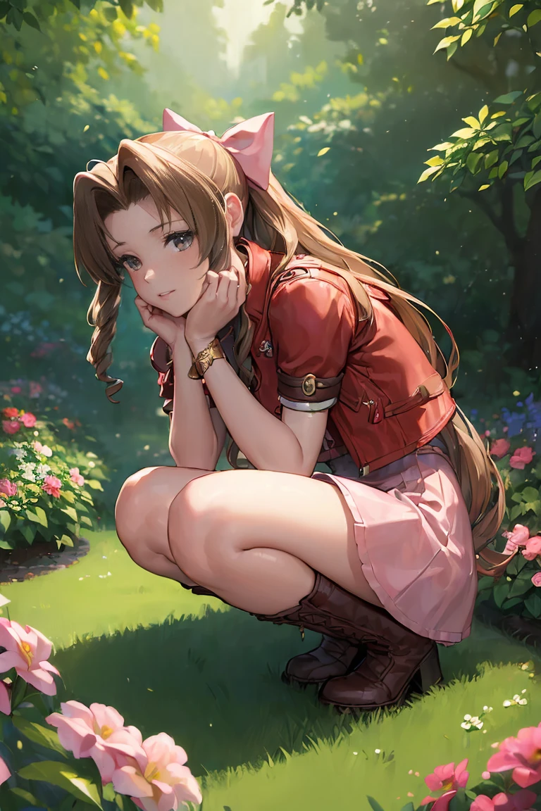 (masterpiece:2.0), solo, ((((aerith gainsborough, red cropped jacket, hair bow, bracelet, pink dress, brown boots)))), , from_side, cowboy shot, squatting with knees close together,flower , (finely detailed:1.7), (beautiful and clear background), ((outdoors, A beautiful garden bursting with flowers of various colors)) , (shiny_skin:1.3), nice hands, perfect hands, smile, , extremely and best quality, extremely and ultra detailed, beautiful detailed eyes, Very detailed CG unified 8k wallpaper, extremely detailed CG unity 8k wallpaper, extremely detailed CG unity 8k, extremely delicate and beautiful girl, ultra-detailed, (perfect anatomy), (high detail), (high quality), (high resolution), (beautiful detailed face), (ultra detaild background), beautiful and clear background,aerith gainsborough