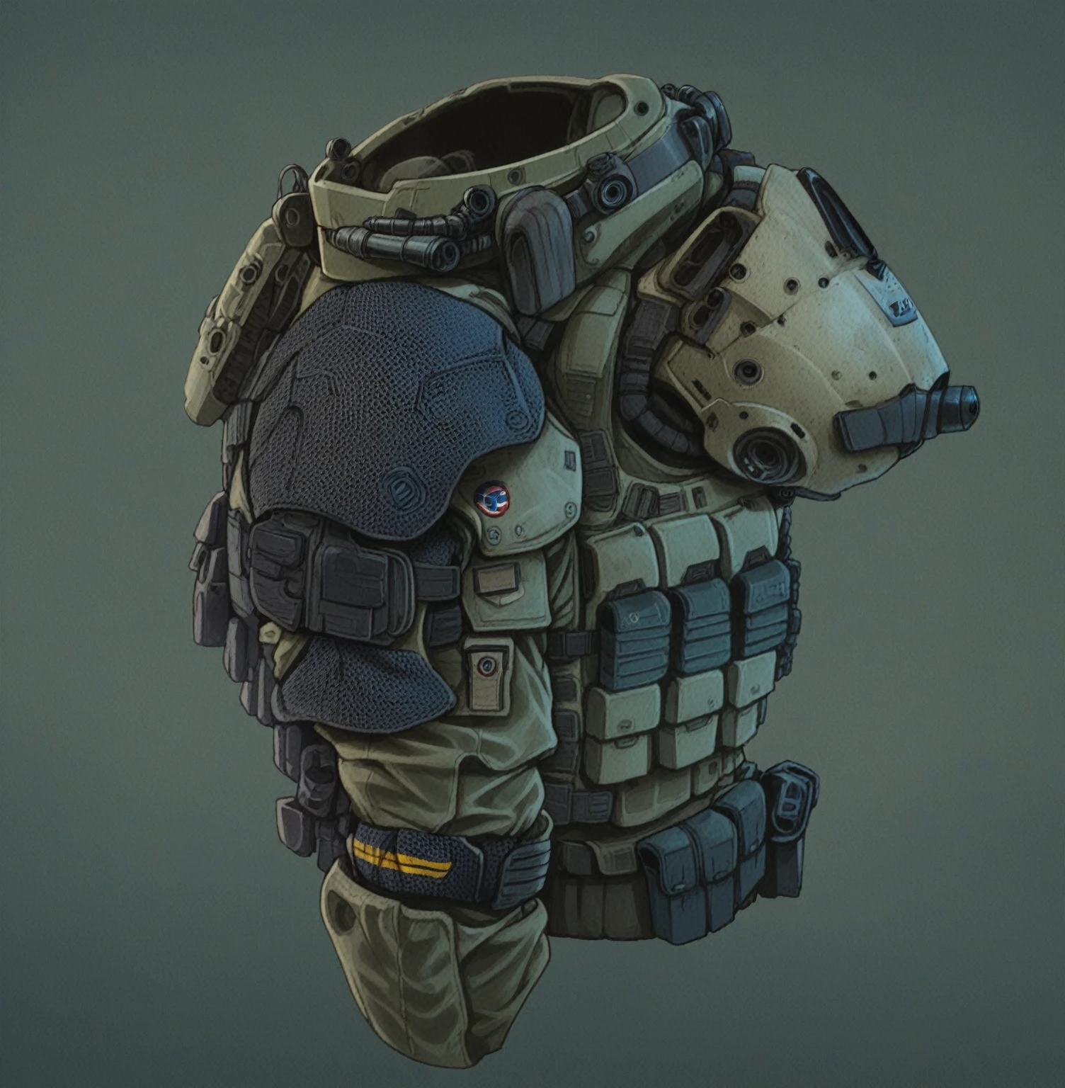 a close up of a military vest with a helmet on it, realistic military gear, tactical armor, combat vest, future combat gear, realistic armor, military carrier rig, military vest, body armor, marine armor, combat armor, future soldier clothing, stylised military clothes, tactical vest, combat gear, realistic military equipment, combat mech clothes, bulletproof vest body armor, side view, girl frontline style, borderlands style, artstation, futuristic, concept art, hand paint texture, detailed