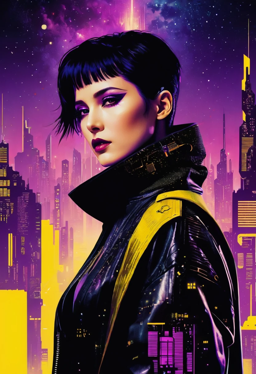 《bladerunner》filmposter:1 Lady, Starry sky and zodiac signs, Purple hues like nebulae, Vast space, Cyber punk personage bottom city, ( Background with:black and yellow Background with1.4), (RHAD:1.2), (artistic décor:1.4), (Retro-Future:1.4), (minimalist:1.4), (Clean:1.4), (Flat_colours:1.4), (cyber punk personage,android:1.4), CCDDA art style