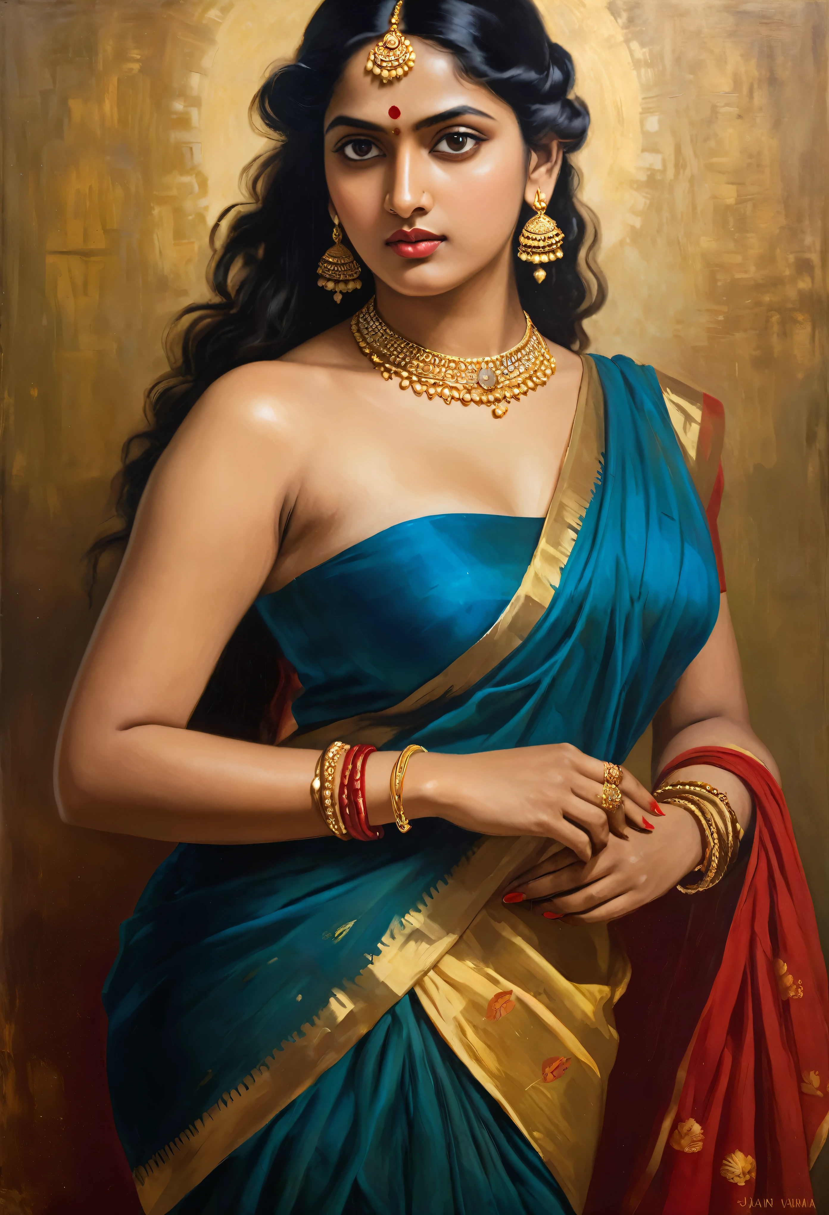 Masterpiece, painting of a woman in a blue dress with a red top and gold jewelry, inspired by Raja Ravi Varma, portrait of a beautiful goddess, by Raja Ravi Varma, a stunning portrait of a goddess, szukalski ravi varma, traditional beauty, indian goddess, beautiful goddess, portrait of modern darna, portrait of a goddess, goddess portrait, perfect body, proportional body, perfect body posture, masterpiece, Indian sensibility, exotic Indian art,