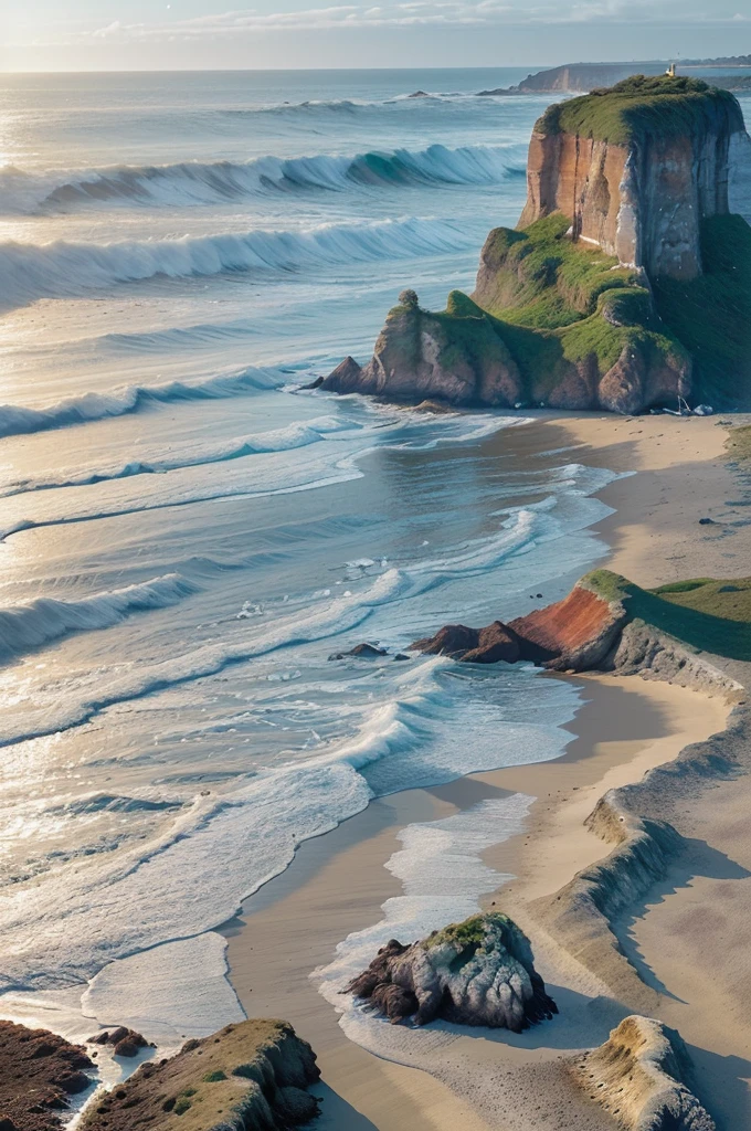 A serene coastal scene unfolds as the tide recedes, exposing a treasure trove of small rocks along the shoreline. The breathtaking landscape stretches towards the horizon, where the blue ocean meets the sky in a majestic curve. Waves gently lap at the shore, their foamy crests glistening in the soft light.