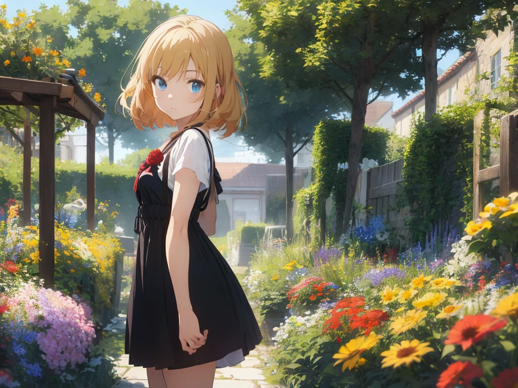 (1 woman,golden hair,blue eyes,Dress,beautiful) (background : flower,garden,แสงbeautiful,fine,Anime,detailed)