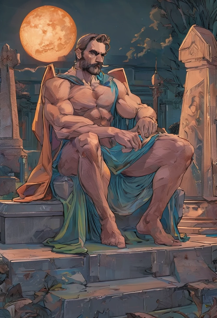 40 year handsome old elf, pale skin, blonde hair, abino skin, long straight hair, wearing elfin , sitting , mustache, piercing blue eyes, brown hair, pronounced brow ridge, strong jaw, high cheekbones, (complete body:1.5), sitting on a bed spreading his legs, very beefy muscles, bulging biceps, bulging triceps, bulging pectorals, bulging quads, bulging trapezoids, wide shoulders, bulging calves, bulging forearms, hairy, (giant:1.5), tall, solo person. Art deco masterpiece, alpha male, at night, skull, nightmare, fire, intricately detailed, sharp focus, extremely detailed, dark fantasy, glowing, colorful painting, rich color, HDR, octane render, digital illustration, cinematic light, sitting on the throne, Explore the beauty of a moonlit cemetery, with weathered tombstones, crypts, and the feeling that the spirits of the departed may not be at rest