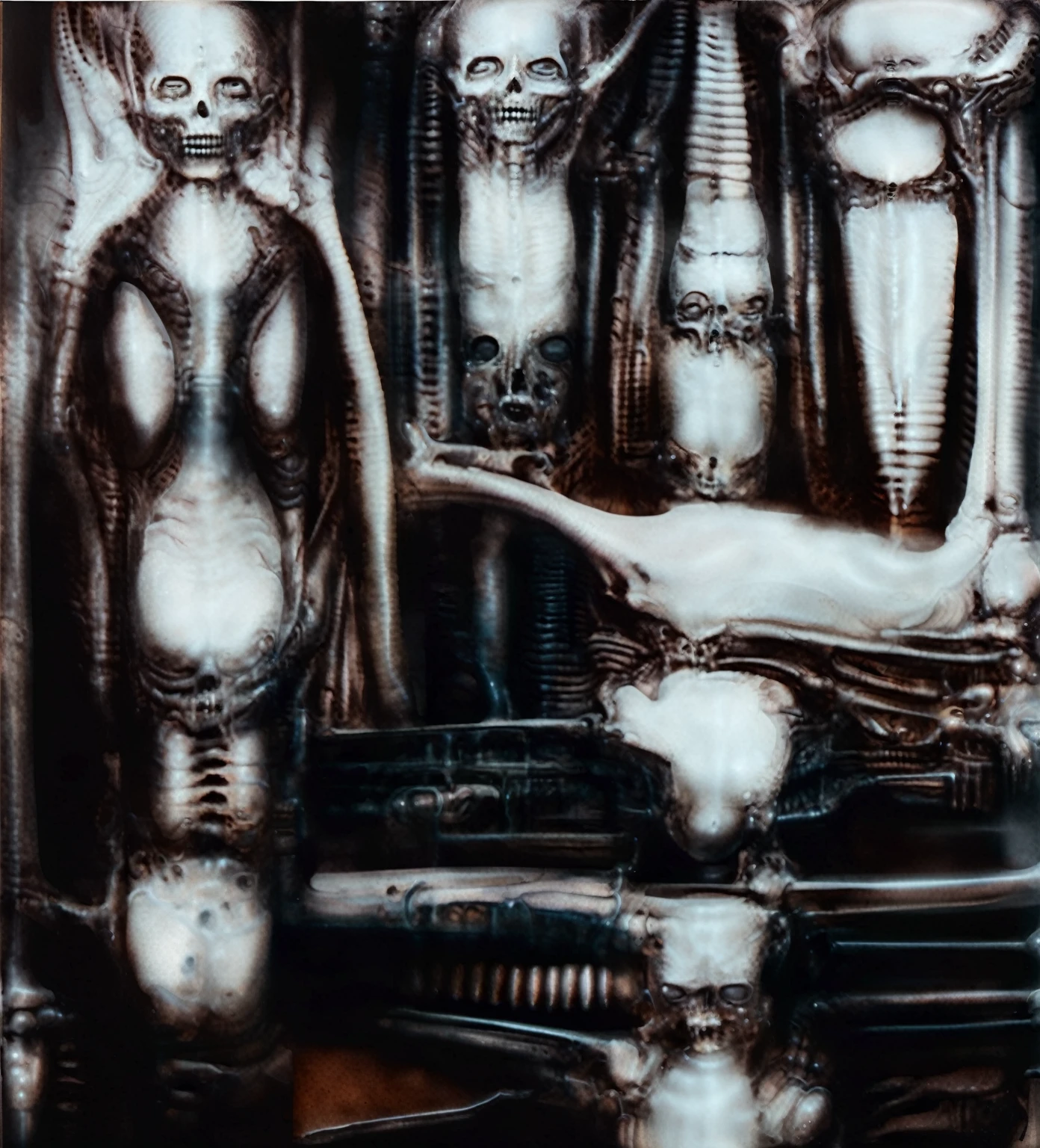 g1g3r, Giger_style, The image is a detailed view of H.R. Giger's \" Li II \" plate, featuring a complex network of bones and organs in a purple-brown hue ,swirling gray and brown colorsgroup of three alien figures positioned in the foreground.  Emaciated and skeletal, with hollow eyes, they appear to be constructed from bone and  metallic  elements,  a  characteristic  fusion  of  organic  and  mechanical  forms  found  in  Giger's  biomechanical  art.  
 The image features a robotic humanoid figure with intricate mechanical details, standing in a room with a glowing screen displaying the word \"EVE\" and a hand reaching out to touch its face.  The background is a dark and  limited  space  painted  in  a  uniform  blue-green color.  This  lack  of  detail  keeps  the  focus  on  the  figures  and  creates  a  sense  of  mystery  about  their  environment.  Receding into the distance  are  a  series  of  arches  and  tunnels  that  hint  at  a  larger  biomechanical  landscape,  possibly  the  work  of  the  creatures  themselves The artwork is silver and purplish brown, with an ivory bones prominently displayed. The image is highly detailed and intricate, almost like a 3d version of a medical diagram (detailed view of an anatomy model, possibly of a human body, with transparent organs and bones exposed). The piece has a thick mechano-organic texture and is covered in fine details. The image has a swirling, organic quality to it. The artistic manner would be unmistakably Gigeresque. A dark and unsettling beauty would permeate the piece, blurring the lines between fascination and repulsion , forever haunted by the grotesque allure. Giger's signature artistic manner would be evident in every stroke. The airbrush would be wielded with masterful precision to create a hyperrealistic yet nightmarish aesthetic.., ooze soaked pajama top
