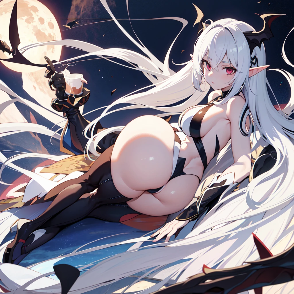 ass, sitting, solo, behind, panties, butt focus, wide hips, anime girl with long white hair and elf ears, elf ears girl, solo, seductive anime girl, very beautiful anime succubus girl, cute anime succubus, cute anime bat wings, white haired deity, cute anime succubus, perfect anatomy, pale skin, big breasts, big thighs, slim body. bat humanoid, white hair, skin pale ,1girl, hairlong , HDR, Volumetric Lighting, octane rendering, 8k, ultra high definition, female hourglass body, sexy positions, different types of sexy dresses, big breasts, big hips, full body image, Big thighs, from below, Big breast, big ass, thicc, perfect fingers, pefeiro body, perfect legs, perfect arms.