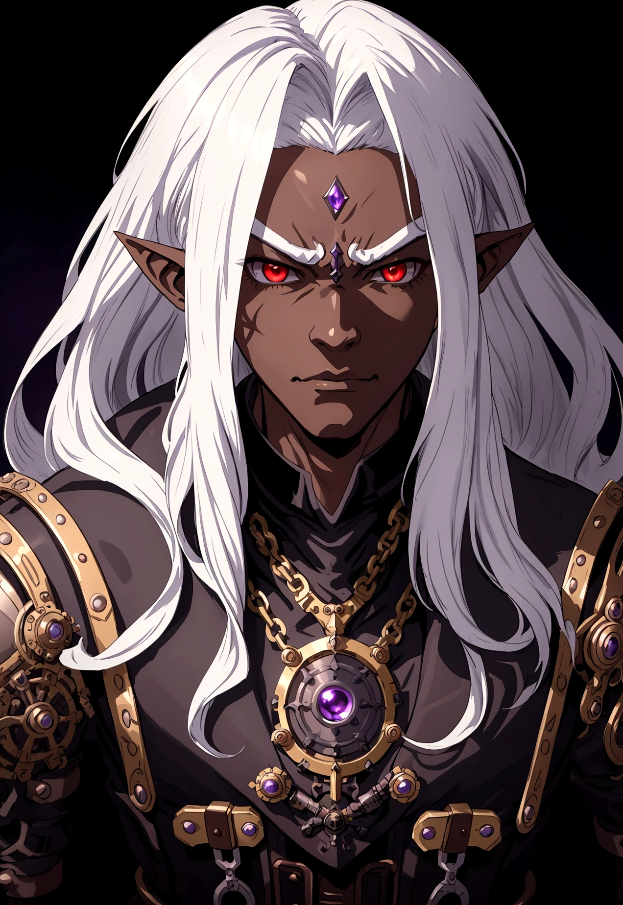 ((best quality)), ((masterpiece)), (detailed), ((boy)), ((mix between dungeonpunk and steampunk)), (serious), dark skinned, human, upper body, portrait, red eyes, long white hair, Xemnas from Kingdom Hearts, half-drow, pointy ears, serious face, dramatic lighting, purple hue, art by Kinema Citrus and Tetsuya Nomura