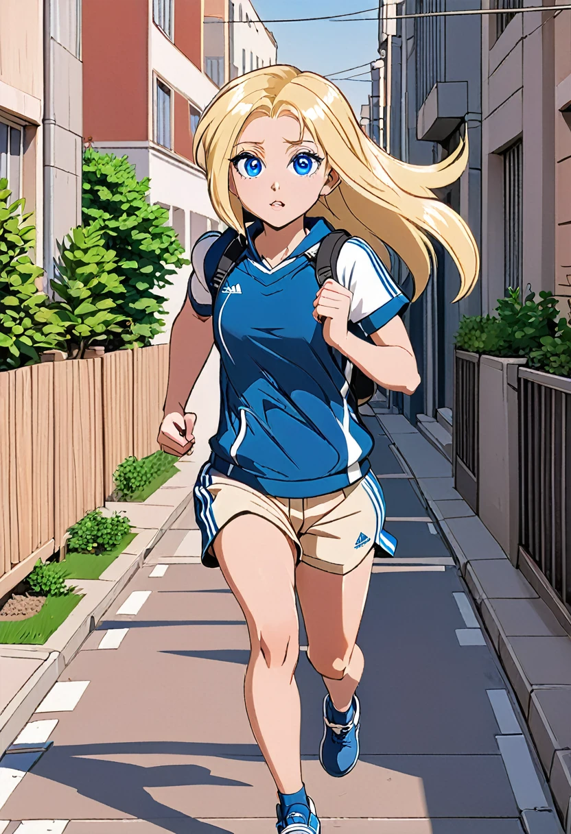 A girl of 25 with blond hair and gray-blue eyes, dressed in a sports suit of beige color is running along the sidewalk of the city (general plan), on the right near the sidewalk is an alley behind a low fence, on the left across the road is the city, in front of the running girl the dawn is seen.