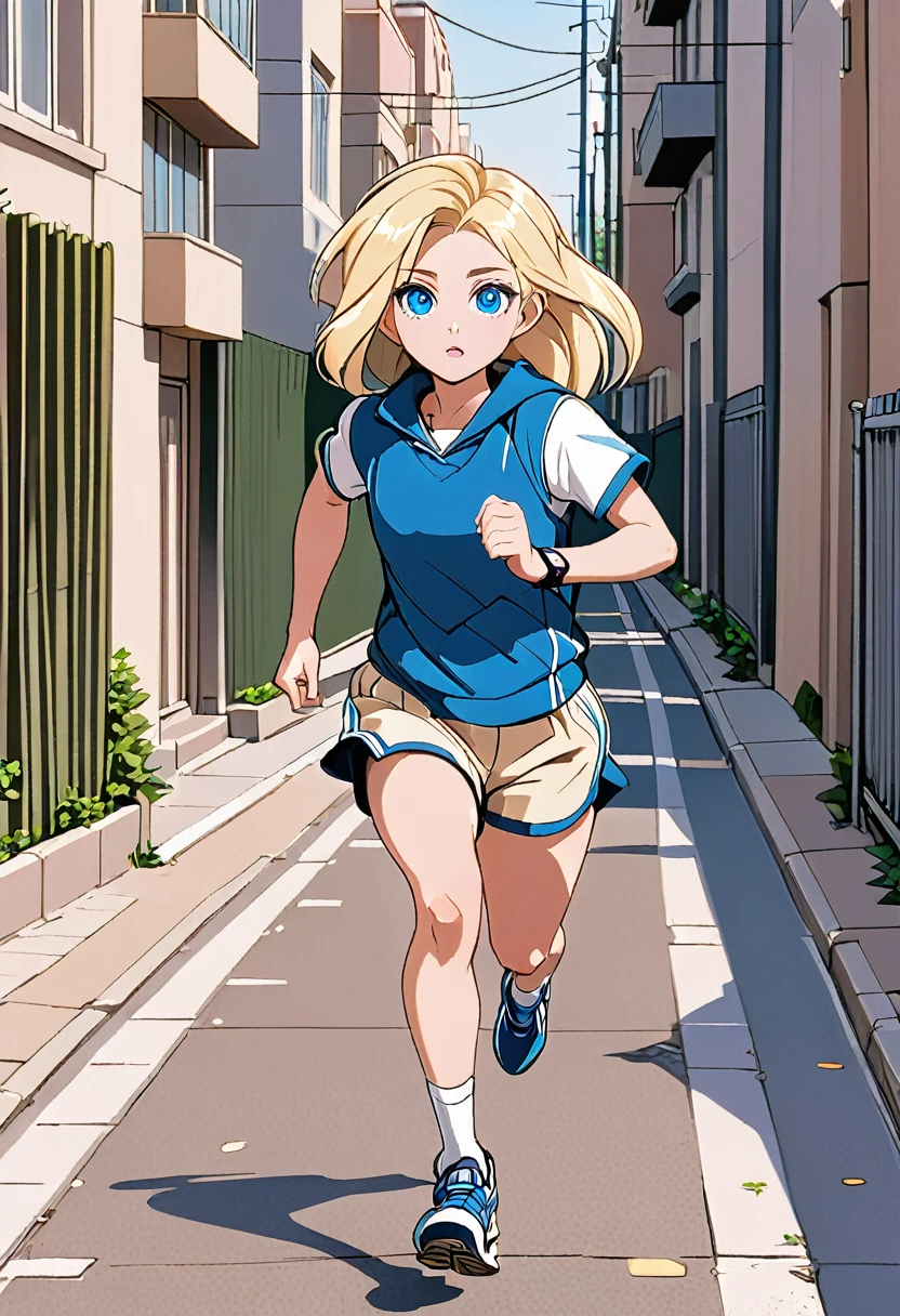 A girl of 25 with blond hair and gray-blue eyes, dressed in a sports suit of beige color is running along the sidewalk of the city (general plan), on the right near the sidewalk is an alley behind a low fence, on the left across the road is the city, in front of the running girl the dawn is seen.