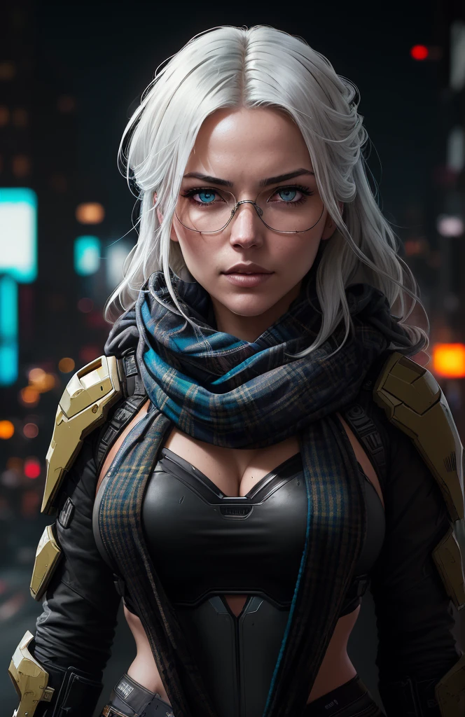 (dark shot:1.1), realistic epic, portrait of halo, oculos de sol, blue colored eyes, plaid scarf, white hair by Atey Ghailan, by greg Rutkowski, by greg tocchini, por James Gillard, por Joe Fenton, by Kaethe Butcher, yellow gradient, blackw, brown and magenta color scheme, grunge aesthetic!!! graffiti tag wall background, Art by Greg rutkowski and ArtGerm, soft cinematic light, Adobe Lightroom, photo laboratory, hdr, intricate, highy detailed, (Depth of field:1.4), missing, (Neutral Colors:1.2), (hdr:1.4), (subdued colors:1.2), hyperdetailed, (art station:1.4), cinematic, warm lights, dramatic light, (intricate details:1.1), complex background, (Rutkowski:0.66), (teal and orange:0.4)